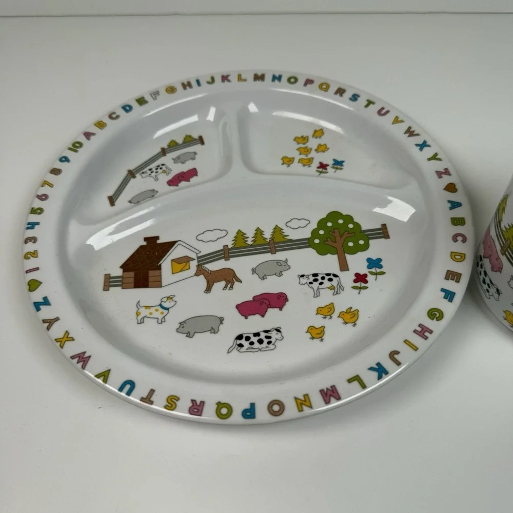 Melamine Ware Children's Divided Plate Cup Bowl‎ Farm Animals Tree Alphabet